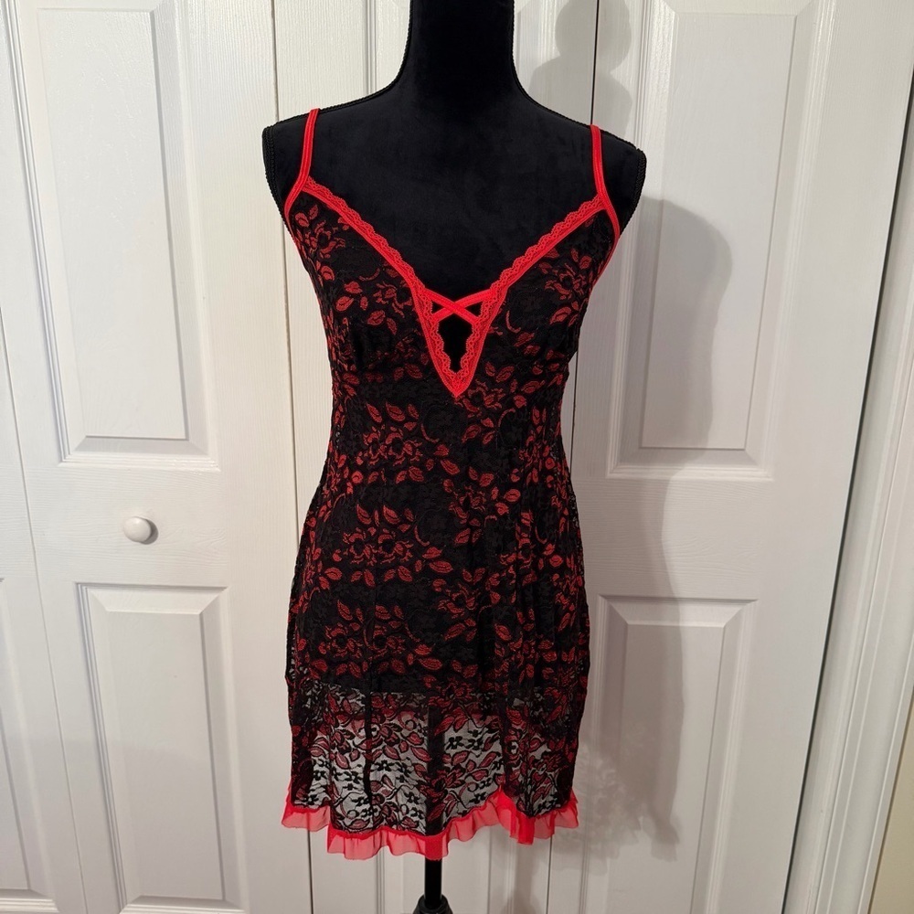 Nightgown Dress Womens S Black Red Lace Chemise Ruffle Fairy Grunge Valentines